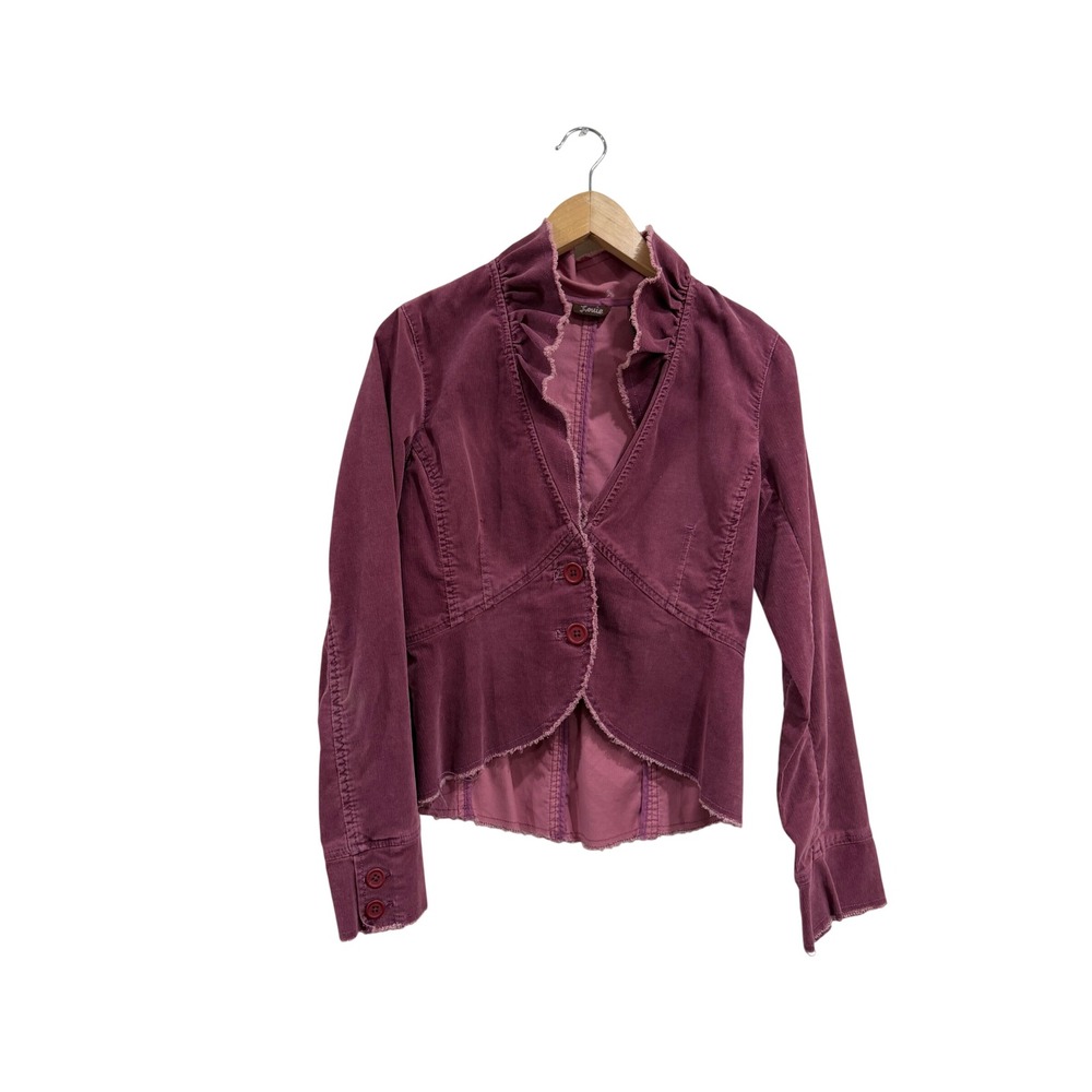 Louie Womens Plum Purple Corduroy Ruffle Blazer Y2K Frayed Hem Jacket Size 8